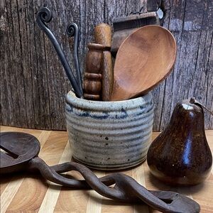 Artisan | Cream | Blue | Ceramic | Utensil Holder/Flower Pot/Bowl | Decor Accent